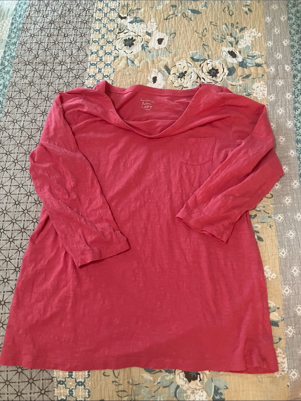 LOFT Rose Pink 3/4-Sleeve Pocket Tee Sun Washed Bateau L 100% Cotton Lightweight